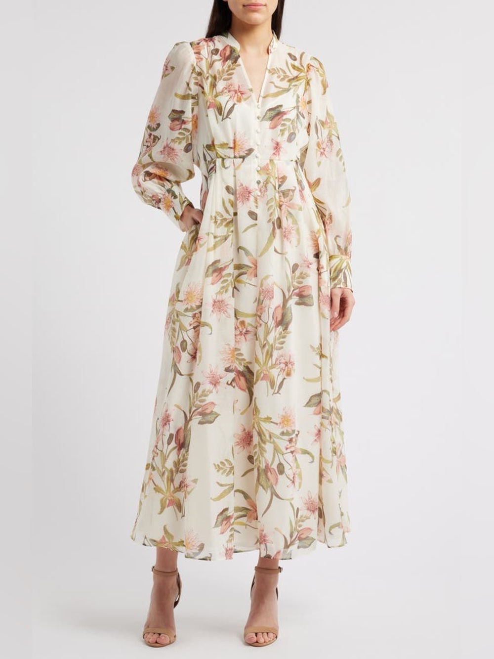 Chelsea28 Ivory Floral Midi Dress with Pink & Green Print